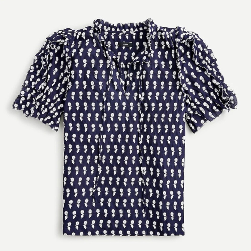 J.Crew Ruffle-sleeve cotton voile top in navy/white, size XS